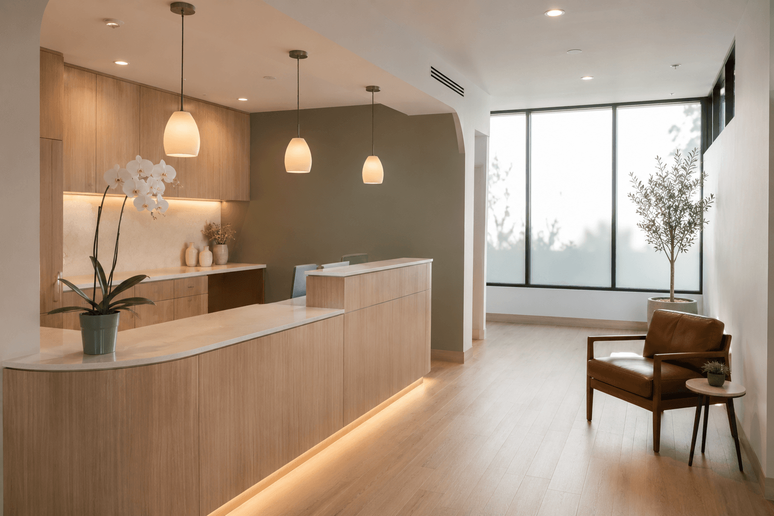 Boutique dental reception area with sage accent wall, light oak millwork, and warm natural light