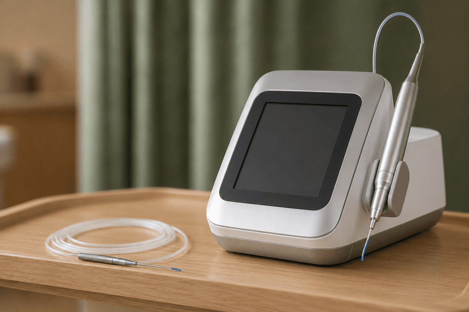 Biolase Epic Pro soft-tissue diode laser on a clean light-oak dental tray