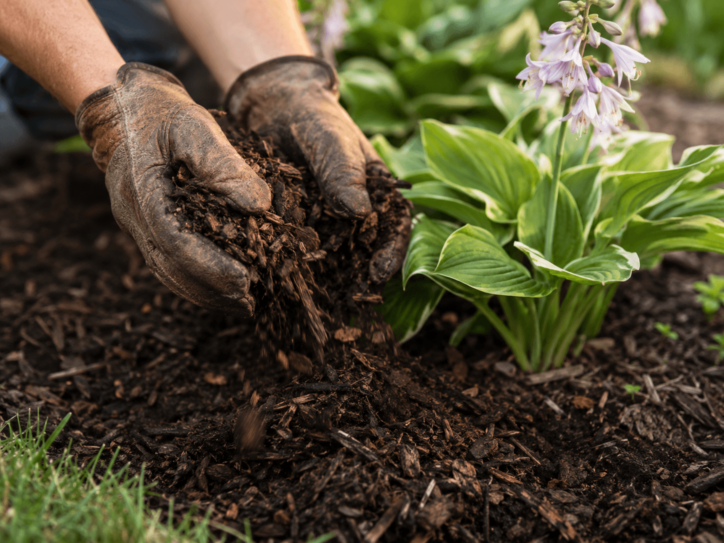 Hands spreading dark hardwood mulch around hostas