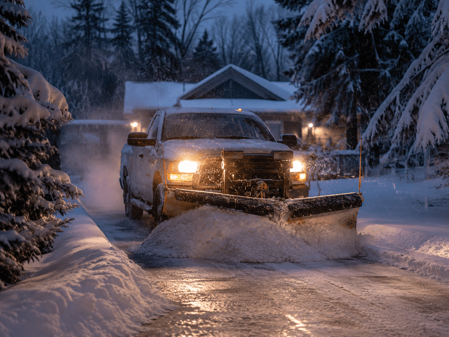 Snowplow truck clearing a residential driveway