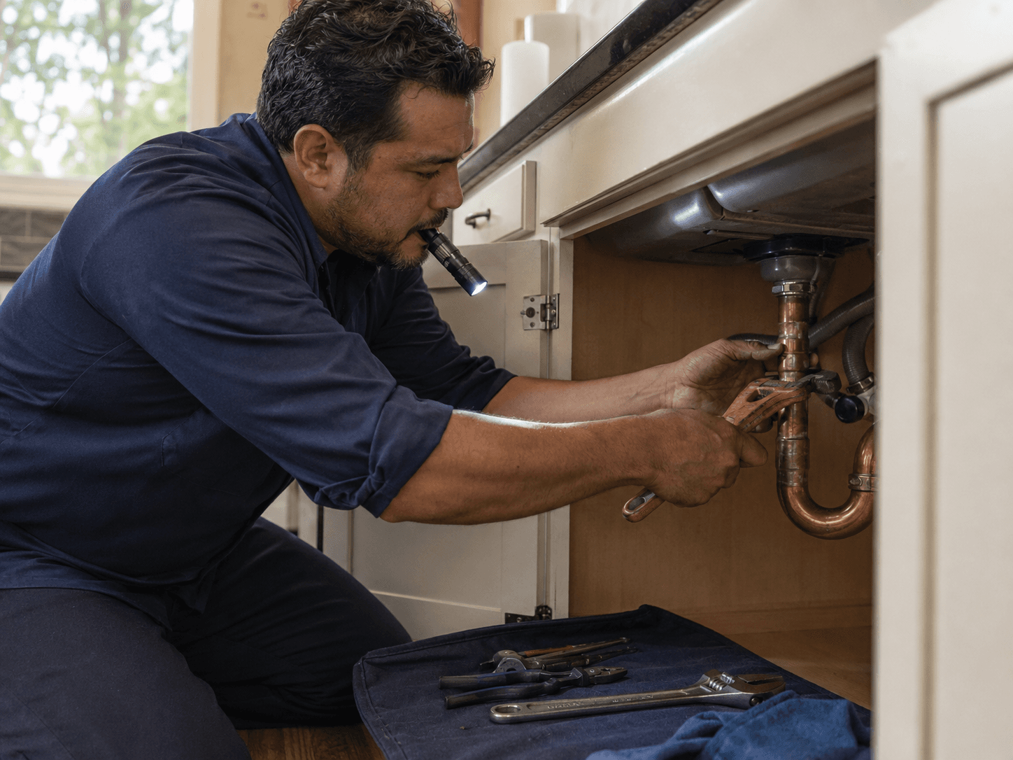 Master plumber from Rivera Plumbing servicing a residential kitchen sink