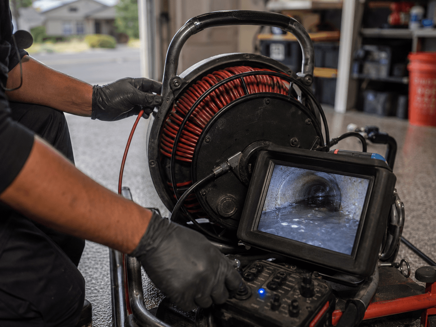 Rivera Plumbing technician operating a sewer-line camera reel